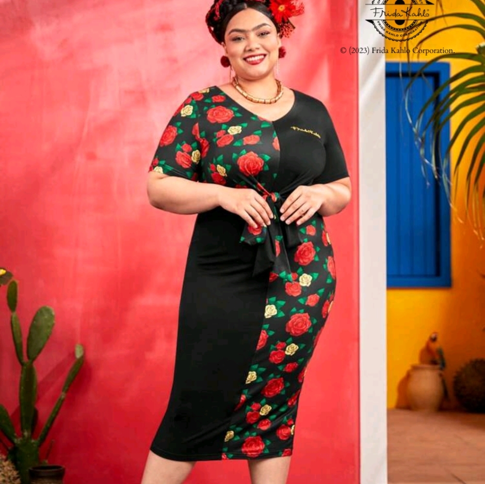 Frida Kahlo Plus Floral Print Knot Front Bodycon Dress Sz 20